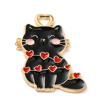 Alloy Enamel Pendants, Cat with Heart Charm, Golden, Black, 20x17x1.2mm, Hole: 2x1.8mm