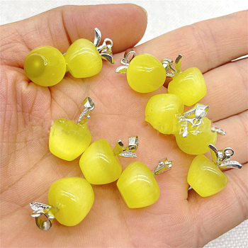 Cat Eye Pendants, with Silver Tone Alloy Findings, Apple Charm, Yellow, 20x14mm