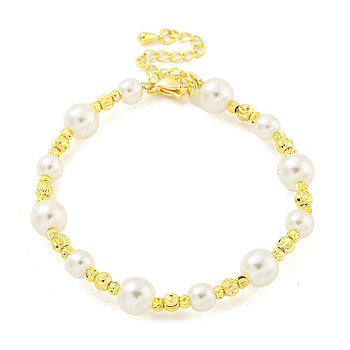 Rack Plating Grooved Round Brass Beaded Bracelets, Round ABS Imitation Pearl Bracelets for Women, Cadmium Free & Lead Free, Long-Lasting Plated, Real 18K Gold Plated, 7-1/8 inch(18.2cm)