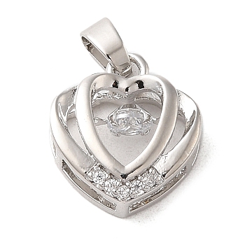 Brass Micro Pave Clear Cubic Zirconia Pendants, Long-Lasting Plated, Heart, Platinum, 15x13x5.5mm, Hole: 4x3mm