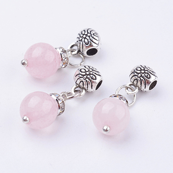 Natural Agate Pendants, with Alloy Findings, Round, Antique Silver, Dyed, Pink, 24x8mm, Hole: 2.5mm