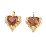Brass Micro Pave Clear Cubic Zirconia Pendants, with Resin, Heart Charms, Long-Lasting Plated, Rack Plating, Golden, with Glitter Powder, Indian Red, 19x15x7mm, Hole: 4x2.5mm(KK-H257-08B-G01)