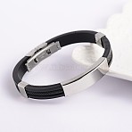 Trendy PU Leather Cord Bracelets, with 304 Stainless Steel Slider Charms and Watch Band Clasps, Black, 68x54mm(BJEW-E260-14F)