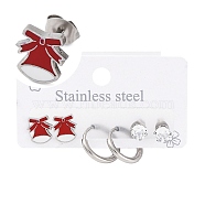 3 Pairs 3 Styles Christmas 304 Stainless Steel Hoop & Studs Earrings Set for Women, with Enamel & Cubic Zirconia, Stainless Steel Color, Christmas Bell, 6~9x6~8.5mm, 1 pair/style(EJEW-K279-12G-P)