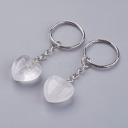 Natural Quartz Crystal Keychain, with Platinum Iron Findings, Heart, 72mm(KEYC-F019-02S)