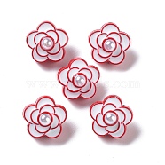 Spray Painted Alloy Enamel Bead, with ABS Imitation Pearl, Flower, Crimson, 13.5x14x11mm, Hole: 1.6mm(PALLOY-H134-59)