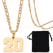 1Pc 304 Stainless Steel Figaro Chain Number Pendant Necklaces, 1Pc Rectangle Velvet Pouches, Golden, 24.21 inch(61.5cm), Pendant: 19x22mm(NJEW-BBC0001-28A-G)