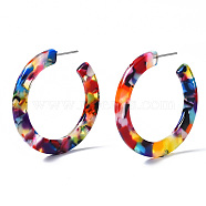 Cellulose Acetate(Resin) Half Hoop Earrings, with 304 Stainless Steel Pin, Round, Colorful, 41x2.5mm, Pin: 0.7mm(KY-S163-374)