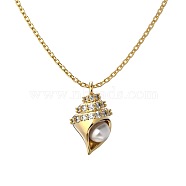 Summer Beach 925 Sterling Silver Micro Pave Clear Cubic Zirconia Cable Chain Conch Shell Pendant Necklaces, with Shell Pearl, Real 18K Gold Plated, 15.91 inch(40.4cm)(NJEW-Q342-05G)