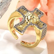 Brass Micro Pave Clear Cubic Zirconia Cuff Rings, Cross Rings for Women, with King, Real Gold Plated & Real Platinum Plated, 23.5mm(RJEW-U035-02GP-01)