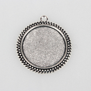 Tibetan Style Alloy Pendant Cabochon Settings, Cadmium Free & Lead Free, Flat Round, Antique Silver, Tray: 30mm, 43x38x2mm, Hole: 3mm, about 120pcs/kg(TIBEP-N003-59AS)