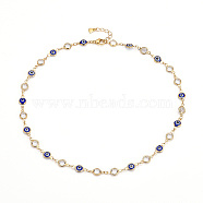 Brass Link Chain Necklaces, with Glass & Cubic Zirconia & 304 Stainless Steel Lobster Claw Clasps, Evil Eye, Blue, Golden, 17.32 inch(44cm)(NJEW-JN03453)