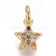 Brass Micro Pave Cubic Zirconia Charms, Star, Colorful, Golden, 8.5x7x2mm, Hole: 3mm(X-ZIRC-E145-78G)