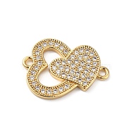 Rack Plating Brass Micro Pave Cubic Zirconia Connector Charms, Heart Links, Lead Free & Cadmium Free, Real 18K Gold Plated, Long-Lasting Plated, Clear, 22x16x2mm, Hole: 1.6mm(KK-O142-26G)