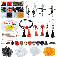 DIY Gemstone Halloween Earring & Bracelet Making Kit, Including Synthetic Turquoise Skull & Coral Rose & Glass Seed & Alloy & Acrylic Beads, Polycotton Tassel Pendant, Iron Earring Hooks, Mixed Color, Gemstone Beads: 42Pcs/box(DIY-PH0008-84)