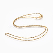 304 Stainless Steel Box Chain Necklaces, with 304 Stainless Steel Clasps, Golden, 17.7 inch(45cm), 1.2mm(NJEW-F248-05A-G)