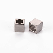 303 Stainless Steel European Beads, Large Hole Beads, Cube, Stainless Steel Color, 7x7x7mm, Hole: 5mm(STAS-Q242-052)