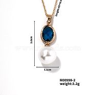 Brass Pave Rhinestone & Imitaiton Pearl Round Pendnat Shiny Women's Necklaces for Women, Golden, Marine Blue, 15.75 inch(40cm)(NM0826-2)