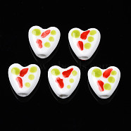 Handmade Porcelain Beads, Famille Rose Style, Heart, Green Yellow, 15x14.5~15x7mm, Hole: 3mm(PORC-N007-008C)