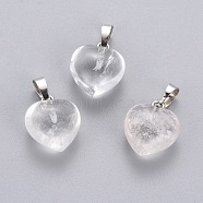 Natural Quartz Crystal Pendants, Rock Crystal Pendants, with Platinum Tone Brass Findings, Heart, 18x15x10mm, Hole: 5x7mm(G-J386-H07)