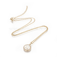 Brass Initial Pendant Necklaces, with Shell, Cubic Zirconia and 304 Stainless Steel Cable Chains, Flat Round with Letter, Letter.K, 17.5 inch(44.5cm), 1.5mm(NJEW-I230-24G-K)