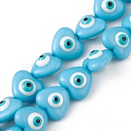 Evil Eye Resin Beads Strands, Heart, Deep Sky Blue, 12.5x14x9mm, Hole: 1.8mm, about 30pcs/strand, 14.25 inch(36.2cm)(RESI-F040-01A)