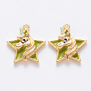 Brass Enamel Pendants, Nickel Free, Star with Unicorn, Real 18K Gold Plated, Lime Green, 15.5x14x3.5mm, Hole: 1mm(KK-T049-024G-04-NF)