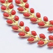 Brass Handmade Chains, Unwelded, with Enameled Cobs, Long-Lasting Plated, Leaf, Real 18K Gold Plated, Red, 6.5x6x0.5mm(CHC-P004-C04G)