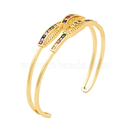 Brass Pave Colorful Cubic Zirconia 2-Strand Open Cuff Bangles for Women, Real 18K Gold Plated, Square, Inner Diameter: 2-1/8 inch(5.5cm)(BJEW-S147-34G-D)