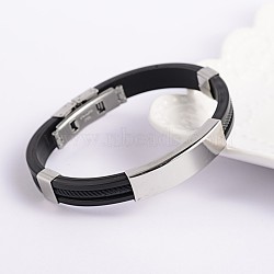 Trendy PU Leather Cord Bracelets, with 304 Stainless Steel Slider Charms and Watch Band Clasps, Black, 68x54mm(BJEW-E260-14F)