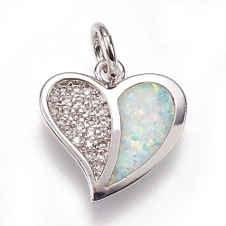Brass Micro Pave Cubic Zirconia Charms, with Synthetic Opal, Heart, Platinum, Champagne Yellow, 14.5x15x2.5mm, Hole: 4mm(KK-L161-11P-D)