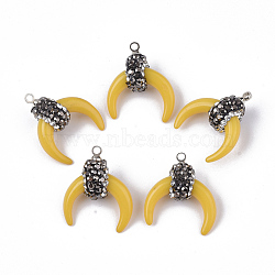 Resin Pendants, with Alloy Loop and Polymer Clay Rhinestone, Crescent/Double Horn, Platinum, Gold, PP13(1.9~2mm), 21~22x18.5x8.5~10.5mm, Hole: 1.4~1.6mm(RB-T015-09F)