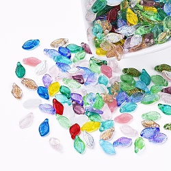 Czech Glass Beads, Electroplated/Dyed/Transparent/Gold Inlay Color, Leaf, Mixed Color, 11.5x6.5x4.5mm, Hole: 0.8mm, about 357~363pcs/bag(GLAA-G070-13)
