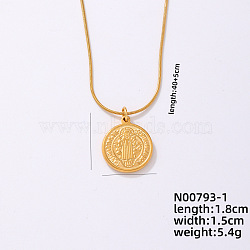 Vintage Stainless Steel Round Snake Chain Flat Round Pendant Necklaces, Religion Saint Benedict Medal Pendant Necklaces, Golden, 15.75 inch(40cm)(VV1854-1)