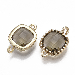 Glass Links connectors, with Brass Findings, Faceted, Square, Golden, Dark Khaki, 14.5x9.5x3.5mm, Hole: 0.8~1.2mm(GLAA-S179-07C)
