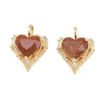 Brass Micro Pave Clear Cubic Zirconia Pendants, with Resin, Heart Charms, Long-Lasting Plated, Rack Plating, Golden, with Glitter Powder, Indian Red, 19x15x7mm, Hole: 4x2.5mm