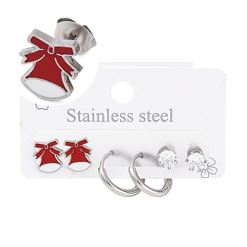 3 Pairs 3 Styles Christmas 304 Stainless Steel Hoop & Studs Earrings Set for Women, with Enamel & Cubic Zirconia, Stainless Steel Color, Christmas Bell, 6~9x6~8.5mm, 1 pair/style