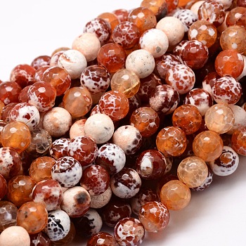 Dyed Natural Fire Crackle Agate Faceted Round Beads Strands, Coral, 14mm, Hole: 1mm, about 28pcs/strand, 14.5 inch