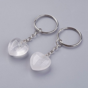 Natural Quartz Crystal Keychain, with Platinum Iron Findings, Heart, 72mm