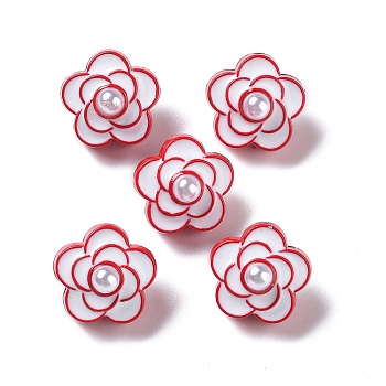 Spray Painted Alloy Enamel Bead, with ABS Imitation Pearl, Flower, Crimson, 13.5x14x11mm, Hole: 1.6mm