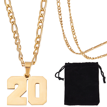 1Pc 304 Stainless Steel Figaro Chain Number Pendant Necklaces, 1Pc Rectangle Velvet Pouches, Golden, 24.21 inch(61.5cm), Pendant: 19x22mm