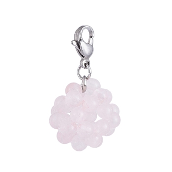 Natural Rose Quartz Cluster Beads Pendants, with 304 Stainless Steel Lobster Claw Clasps, Round, Stainless Steel Color, 33mm