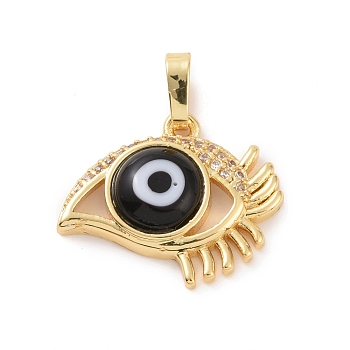 Brass Micro Pave Cubic Zirconia Pendants, with Handmade Evil Eye Lampwork, Eye Charm, Real 18K Gold Plated, Black, 17x20x4.5mm, Hole: 4x6mm