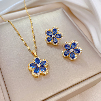 Brass Micro Pave Cubic Zirconia Pendant Necklace & Stud Earrings, Stainless Steel Chain Necklace, Golden, Flower, 400mm