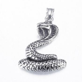 304 Stainless Steel Pendants, Snake, Antique Silver, 42x33x6mm, Hole: 5x8mm