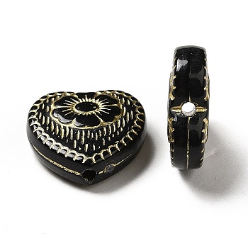 Plating Acrylic Beads, Golden Metal Enlaced, Heart with Flower Pattern, Black, 17x18x6mm, Hole: 1.6mm