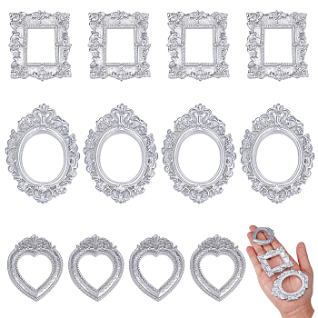 12Pcs 3 Styles Resin Embossed Photo Frames, for Jewelry Photography Photo Frame Decor Accessories, Silver, 44.5~69x37.5~51.5x6~6.7mm, 4pcs/style