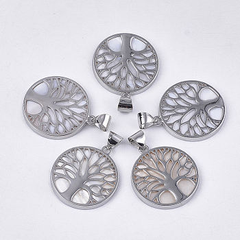 Freshwater Shell Pendants, with Alloy Findings, Dyed, Flat Round with Tree of Life, Platinum, Seashell Color, 37.5x33.5x3mm, Hole: 6x8.5mm
