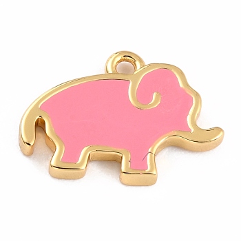 Golden Brass Enamel Pendants, Long-Lasting Plated, Elephant, Pink, 9.5x13x1.5mm, Hole: 1.2mm