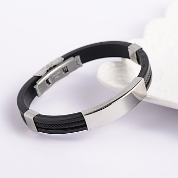 Trendy PU Leather Cord Bracelets, with 304 Stainless Steel Slider Charms and Watch Band Clasps, Black, 68x54mm